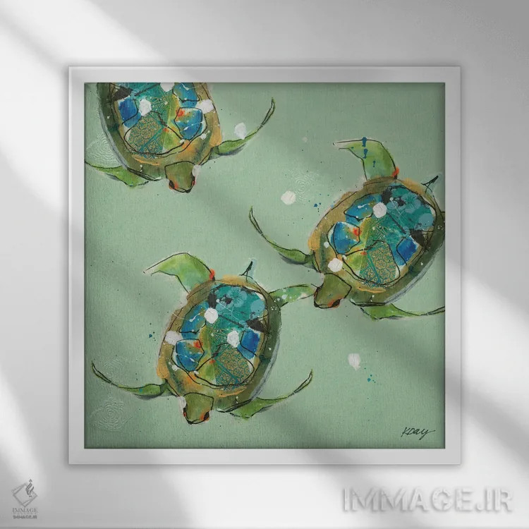 تابلو دکوراتیو لاک پشت های دریایی اثر کلی دی - نمای قابدار سفید