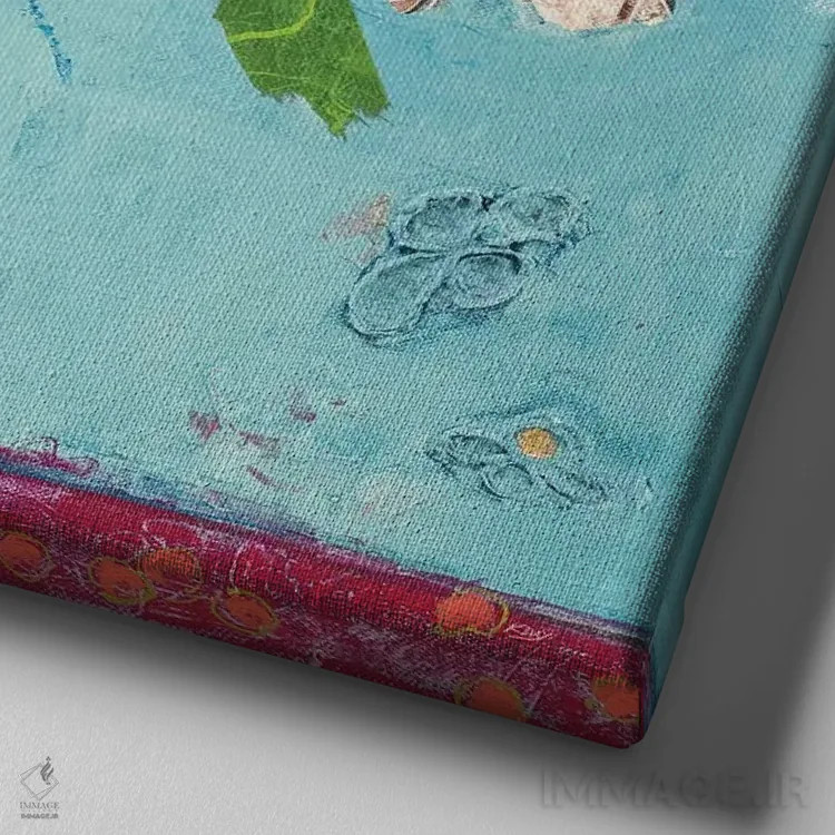 تابلو دکوراتیو گلدان گل صدتومانی با رنگ آبی و مرجانی اثر کلی دی - نمای نزدیک بافت بوم