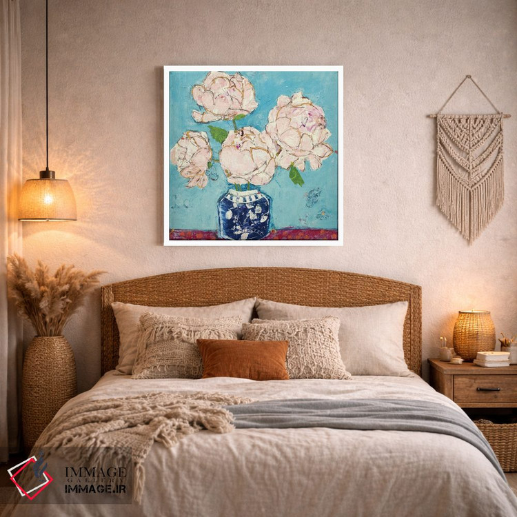تابلو دکوراتیو گلدان گل صدتومانی با رنگ آبی و مرجانی اثر کلی دی - D3W