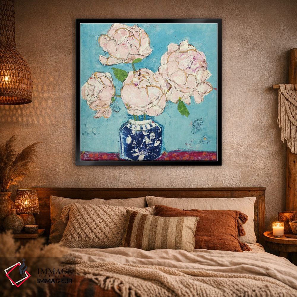 تابلو دکوراتیو گلدان گل صدتومانی با رنگ آبی و مرجانی اثر کلی دی - D2B