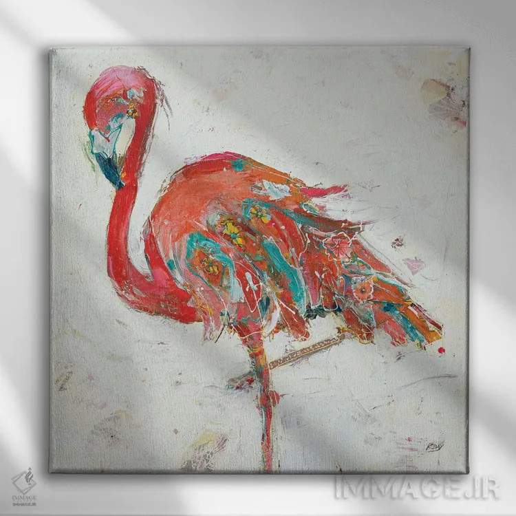 تابلو دکوراتیو فلامینگو روی زمینه سفید اثر کلی دی - نمای روبهرو روی دیوار