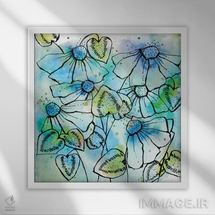 تابلو دکوراتیو میدان فوران ها و شکوفه های آبی اثر کرینلاکس - نمای قابدار سفید