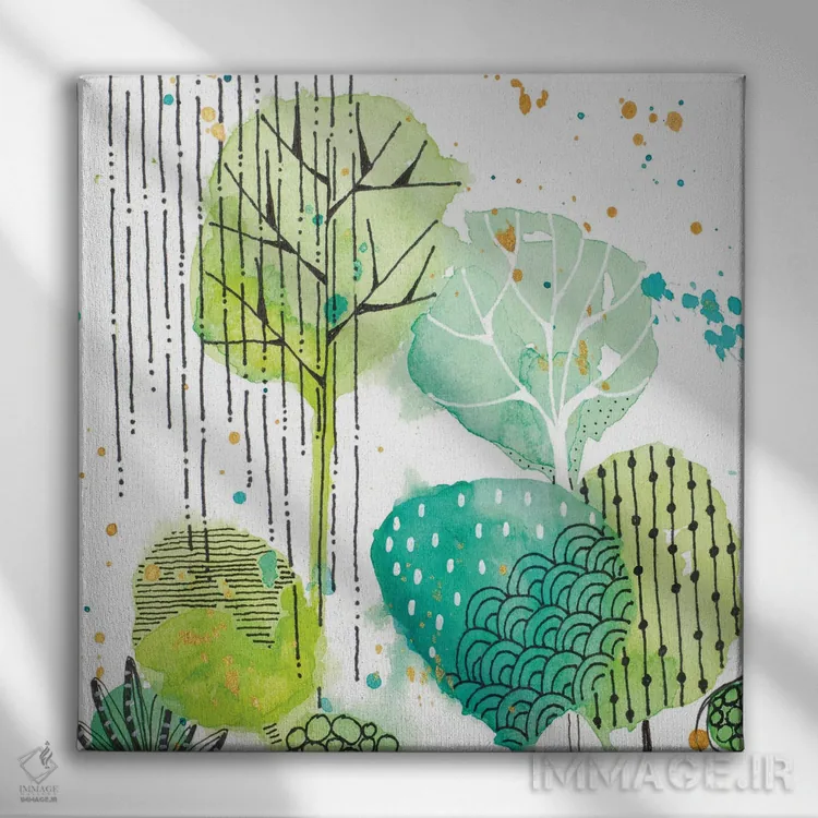تابلو دکوراتیو برگ های سبز مهر شده مربع ۲ اثر کرینلاکس - نمای روبهرو روی دیوار