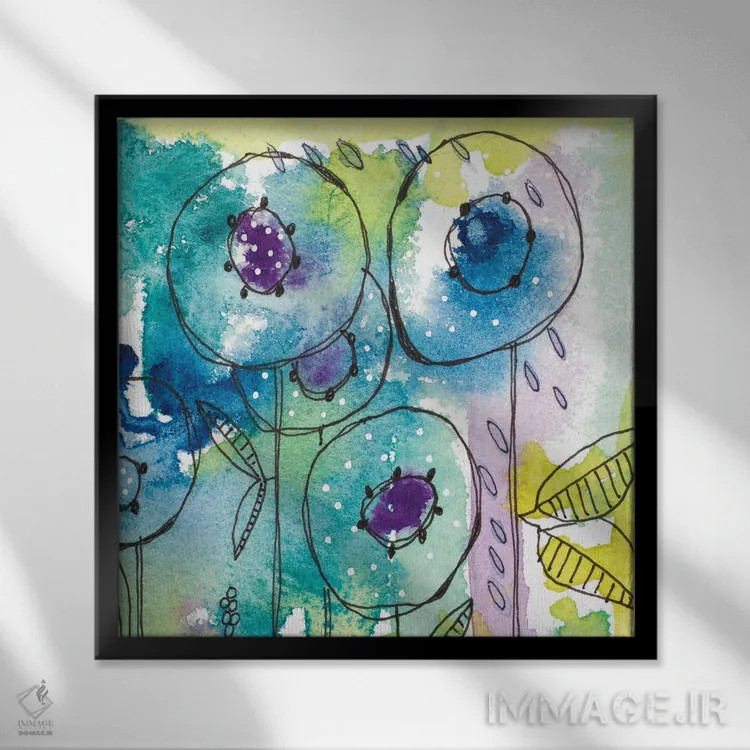 تابلو دکوراتیو پاشش رنگ آبرنگی گل ها اثر کرینلاکس - نمای قابدار مشکی