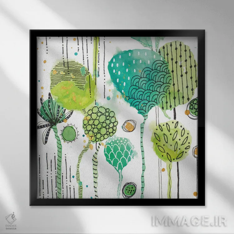 تابلو دکوراتیو برگ های سبز مهر شده مربع ۱ اثر کرینلاکس - نمای قابدار مشکی