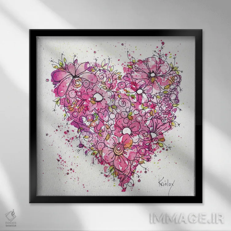 تابلو دکوراتیو قلبی از گل ها اثر کرینلاکس - نمای قابدار مشکی