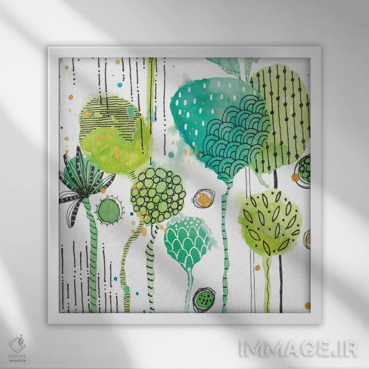 تابلو دکوراتیو برگ های سبز مهر شده مربع ۱ اثر کرینلاکس - نمای قابدار سفید