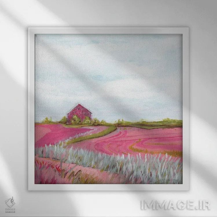 تابلو مدرن مزرعه پاییزی صورتی اثر کندون کریشنز - نمای قابدار سفید