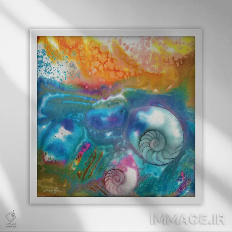 تابلو انتزاعی گوهرهای دریا چهارم اثر کتی مورتون استنیون - نمای قابدار سفید