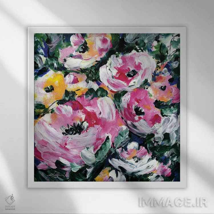 تابلو دکوراتیو شکوفه های صورتی اثر کتی مورتون استنیون - نمای قابدار سفید