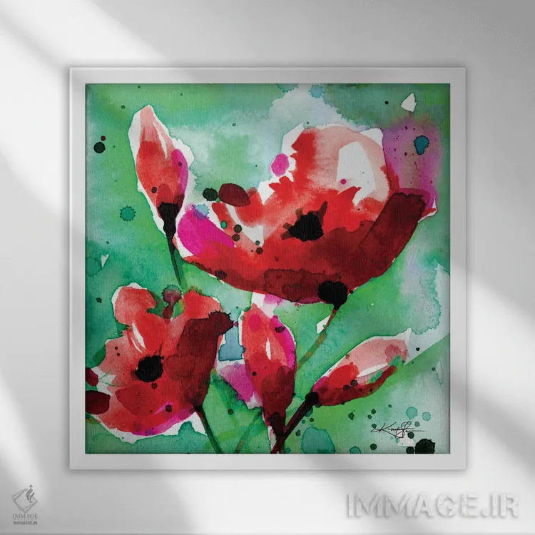 تابلو دکوراتیو عشق شقایق ۱ اثر کتی مورتون استنیون - نمای قابدار سفید