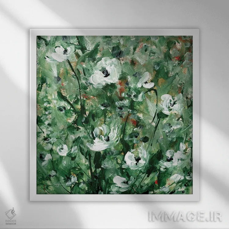 تابلو انتزاعی سرسبز اثر کتی مورتون استنیون - نمای قابدار سفید