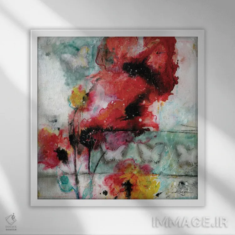 تابلو انتزاعی عاشقانه شقایق سوم اثر کتی مورتون استنیون - نمای قابدار سفید