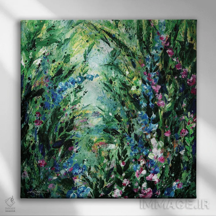 تابلو انتزاعی گم شده در باغ شگفتی اثر کتی مورتون استنیون - نمای روبهرو روی دیوار