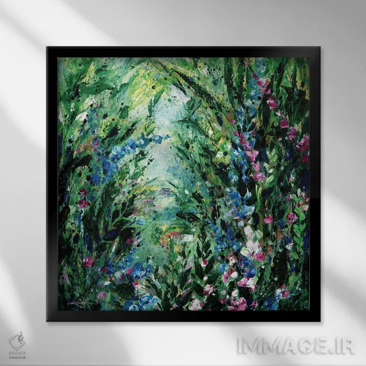 تابلو انتزاعی گم شده در باغ شگفتی اثر کتی مورتون استنیون - نمای قابدار مشکی