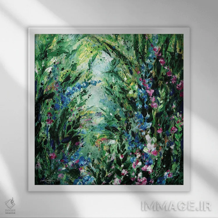 تابلو انتزاعی گم شده در باغ شگفتی اثر کتی مورتون استنیون - نمای قابدار سفید