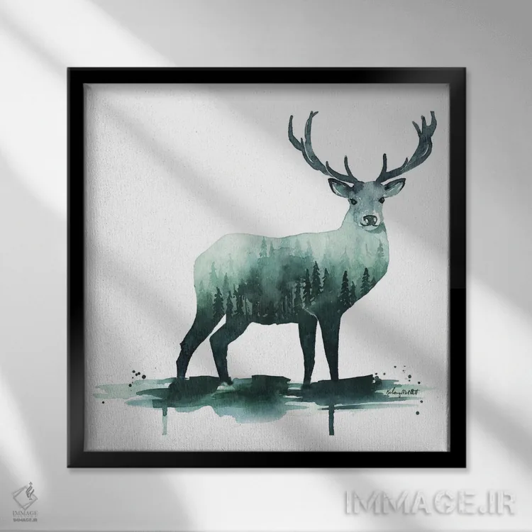 تابلو دکوراتیو گوزن طبیعت اثر کلسی مک نت - نمای قابدار مشکی