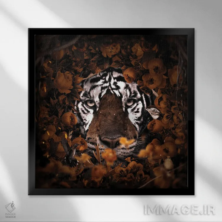 تابلو دکوراتیو ببر گل دار اثر میلوش کارانوویچ - نمای قابدار مشکی