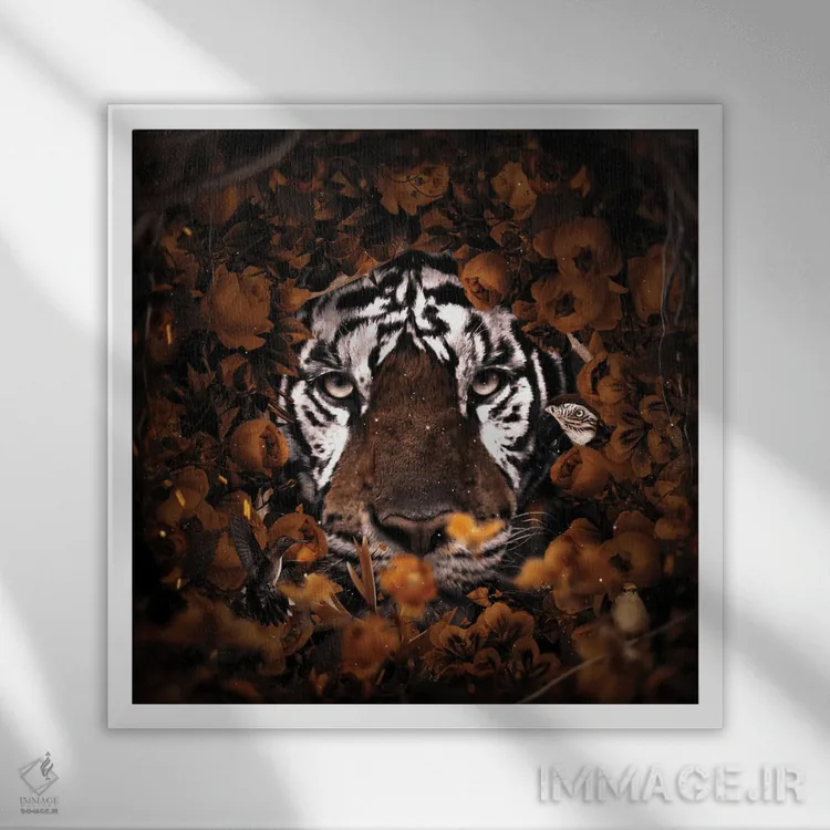 تابلو دکوراتیو ببر گل دار اثر میلوش کارانوویچ - نمای قابدار سفید