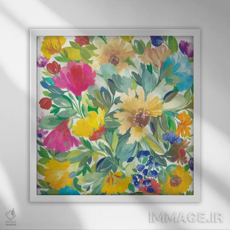 تابلو دکوراتیو جزئیات دسته گل چمنزار اثر کیم پارکر - نمای قابدار سفید