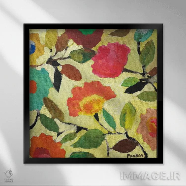 تابلو دکوراتیو کاشی گل دار ۴ اثر کیم پارکر - نمای قابدار مشکی
