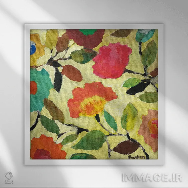 تابلو دکوراتیو کاشی گل دار ۴ اثر کیم پارکر - نمای قابدار سفید