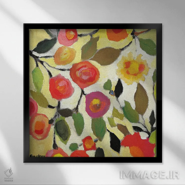 تابلو دکوراتیو کاشی گل دار ۲ اثر کیم پارکر - نمای قابدار مشکی