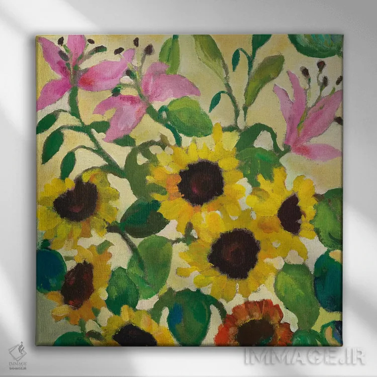 تابلو دکوراتیو آفتابگردان ها و سوسن ها اثر کیم پارکر - نمای روبهرو روی دیوار