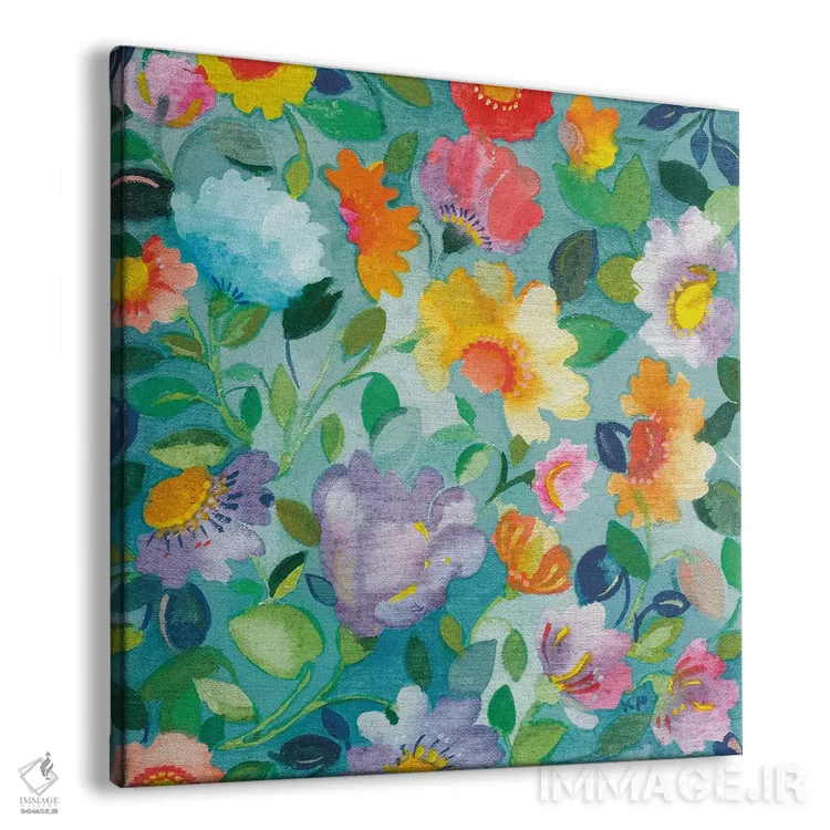تابلو دکوراتیو گل های فیروزه ای اثر کیم پارکر - نمای پرسپکتیو محصول