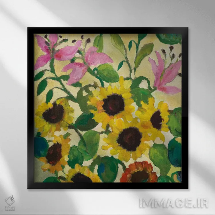 تابلو دکوراتیو آفتابگردان ها و سوسن ها اثر کیم پارکر - نمای قابدار مشکی