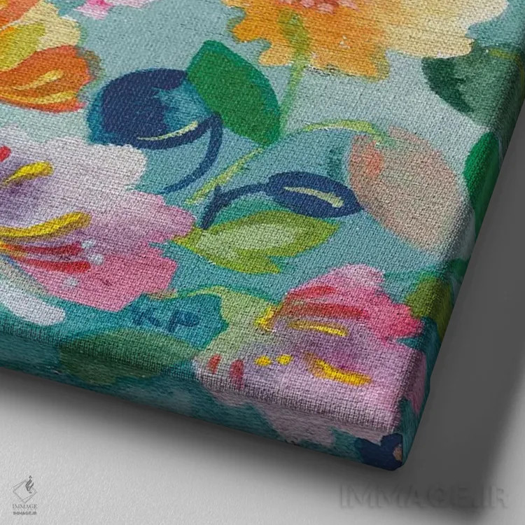 تابلو دکوراتیو گل های فیروزه ای اثر کیم پارکر - نمای نزدیک بافت بوم