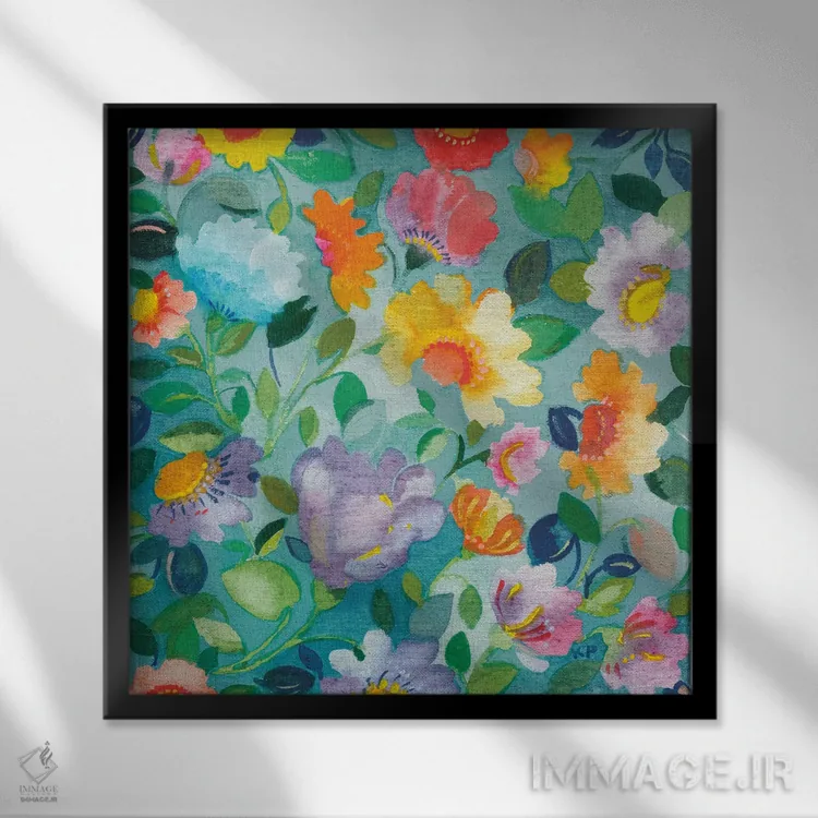 تابلو دکوراتیو گل های فیروزه ای اثر کیم پارکر - نمای قابدار مشکی