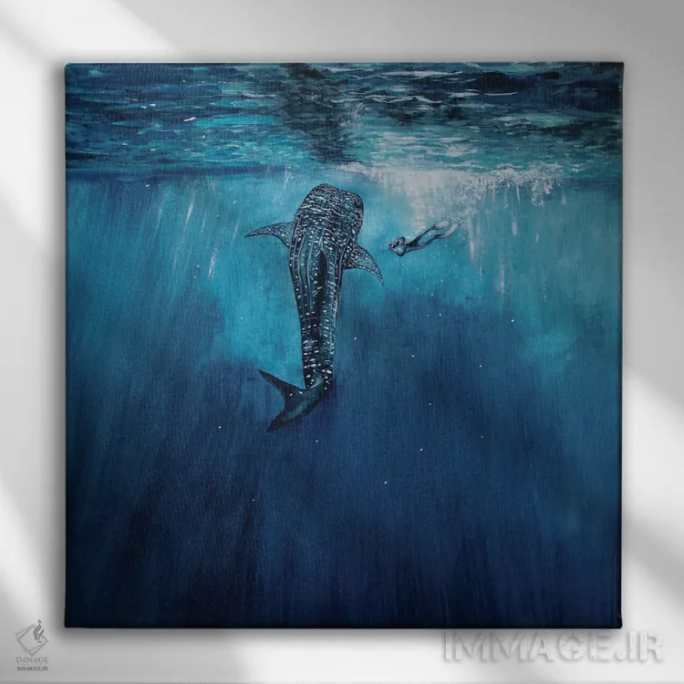 تابلو دکوراتیو کوسه نهنگ و غواص اثر کارلی پرولد - نمای روبهرو روی دیوار