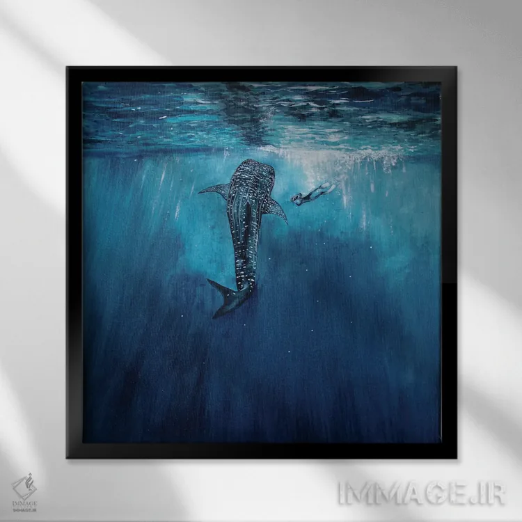 تابلو دکوراتیو کوسه نهنگ و غواص اثر کارلی پرولد - نمای قابدار مشکی