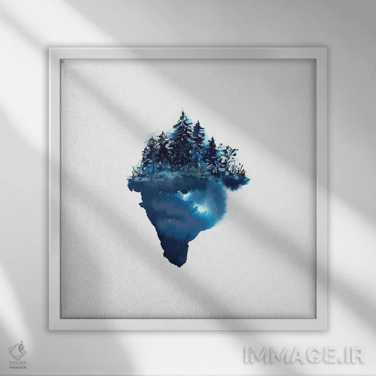 تابلو دکوراتیو جنگل آبی آبرنگی اثر کارلی پرولد - نمای قابدار سفید