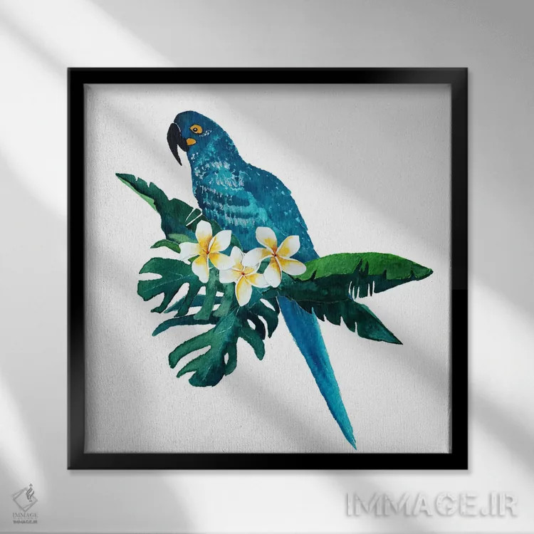 تابلو دکوراتیو طوطی آبی اثر کارلی پرولد - نمای قابدار مشکی
