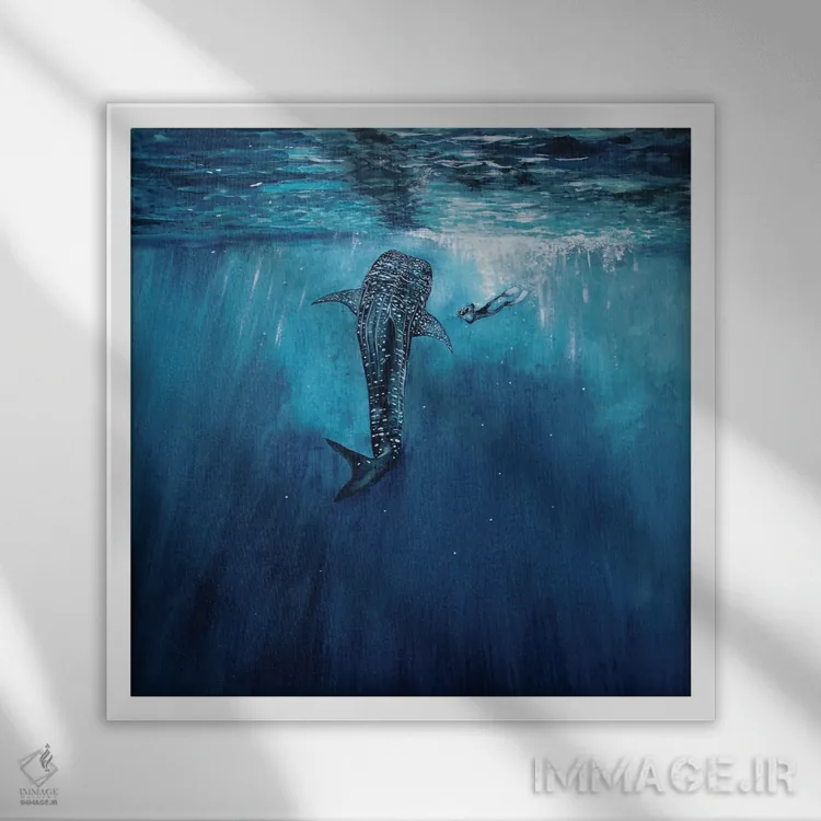 تابلو دکوراتیو کوسه نهنگ و غواص اثر کارلی پرولد - نمای قابدار سفید