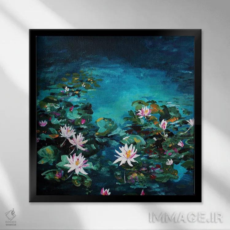 تابلو دکوراتیو برکه نیلوفر اثر کارلی پرولد - نمای قابدار مشکی