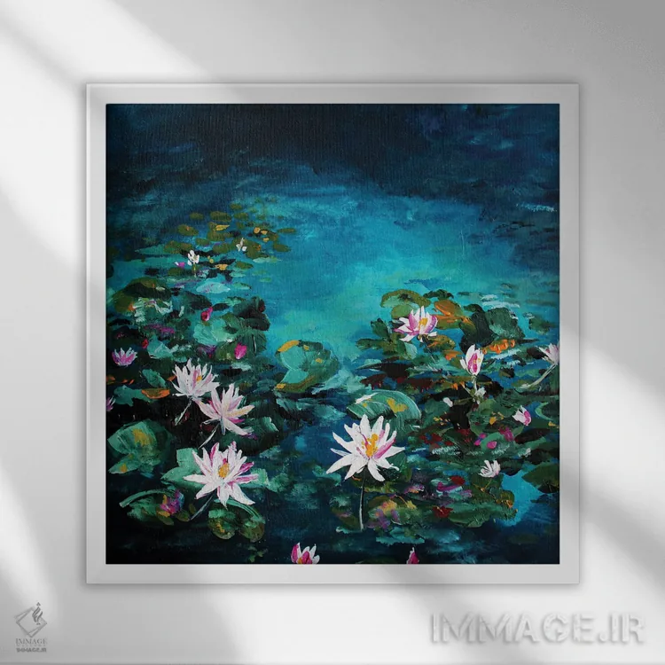 تابلو دکوراتیو برکه نیلوفر اثر کارلی پرولد - نمای قابدار سفید
