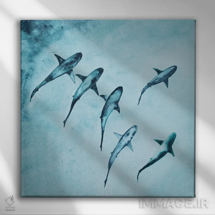 تابلو دکوراتیو شنا کردن کوسه های صخره ای اثر کارلی پرولد - نمای روبهرو روی دیوار