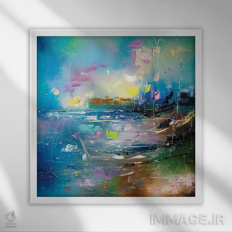 تابلو انتزاعی ساحل رازآلود اثر کوپتسووا آرت - نمای قابدار سفید