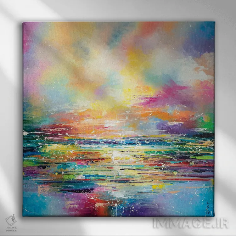 تابلو انتزاعی جادوی غروب دریا اثر کوپتسووا آرت - نمای روبهرو روی دیوار