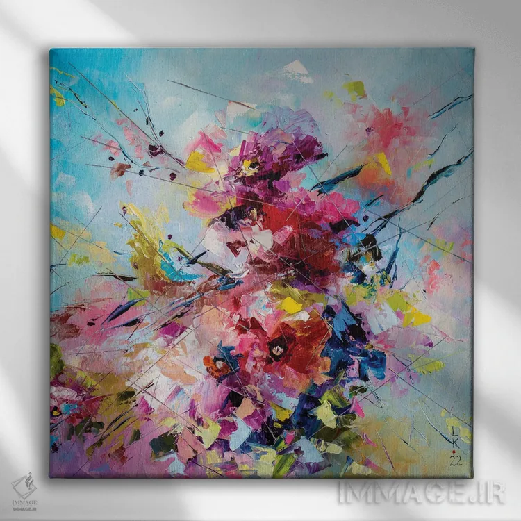 تابلو انتزاعی شکوفه لطیف اثر کوپتسووا آرت - نمای روبهرو روی دیوار