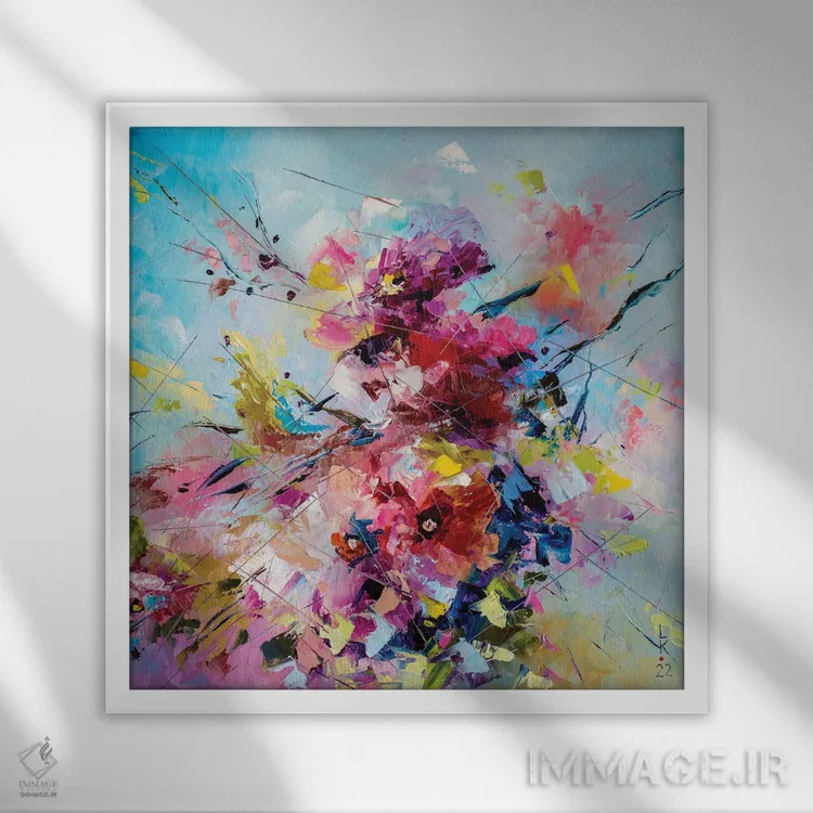 تابلو انتزاعی شکوفه لطیف اثر کوپتسووا آرت - نمای قابدار سفید