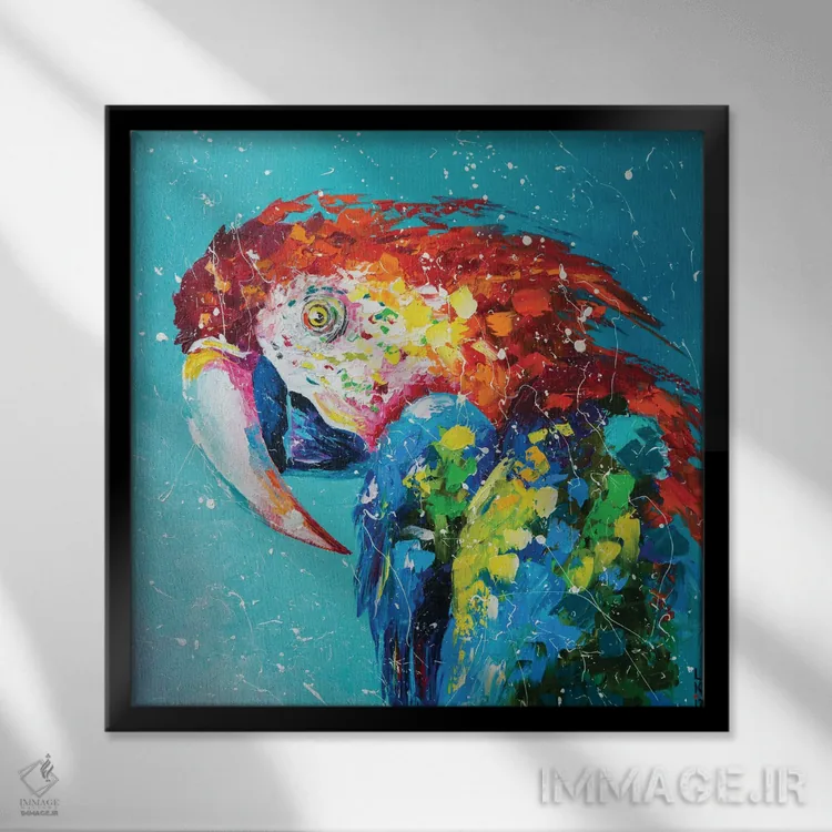 تابلو دکوراتیو طوطی ماکائو اثر کوپتسووا آرت - نمای قابدار مشکی