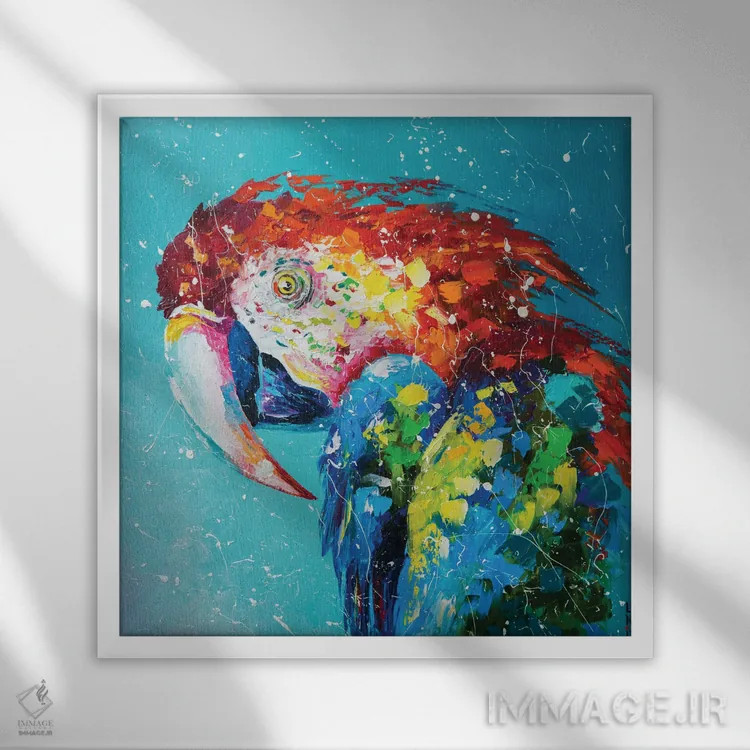 تابلو دکوراتیو طوطی ماکائو اثر کوپتسووا آرت - نمای قابدار سفید