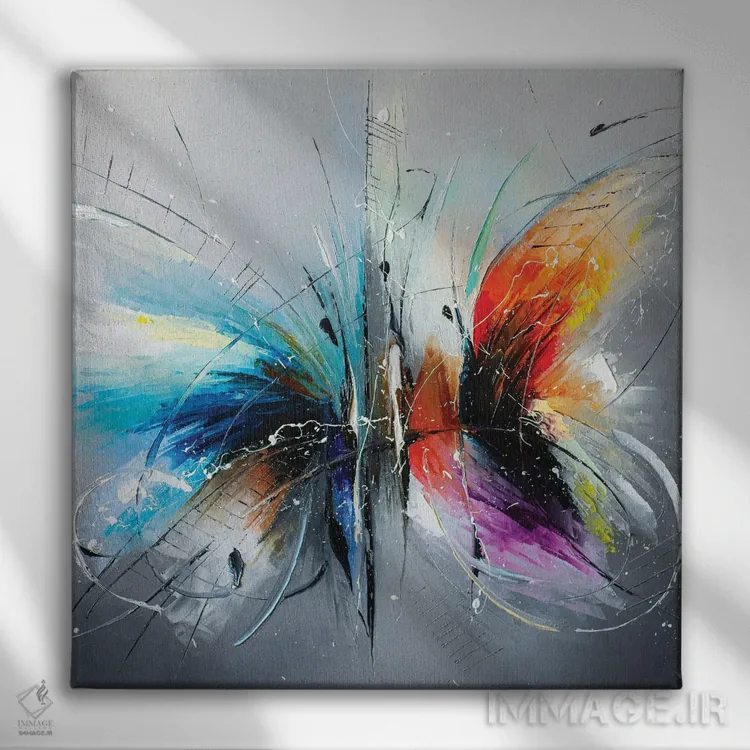 تابلو انتزاعی قرار پروانه ها اثر کوپتسووا آرت - نمای روبهرو روی دیوار