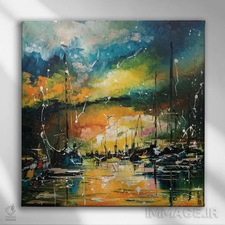 تابلو انتزاعی بندرگاه در غروب اثر کوپتسووا آرت - نمای روبهرو روی دیوار