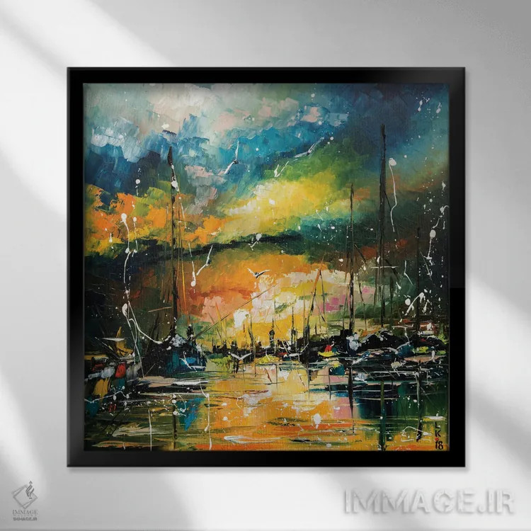 تابلو انتزاعی بندرگاه در غروب اثر کوپتسووا آرت - نمای قابدار مشکی