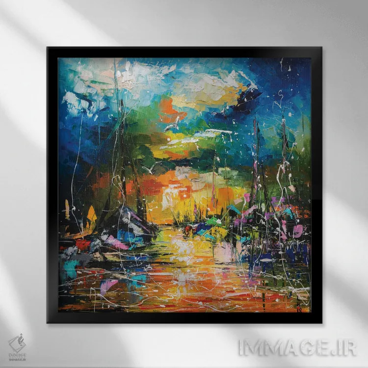 تابلو انتزاعی بندرگاه عصرگاهی اثر کوپتسووا آرت - نمای قابدار مشکی